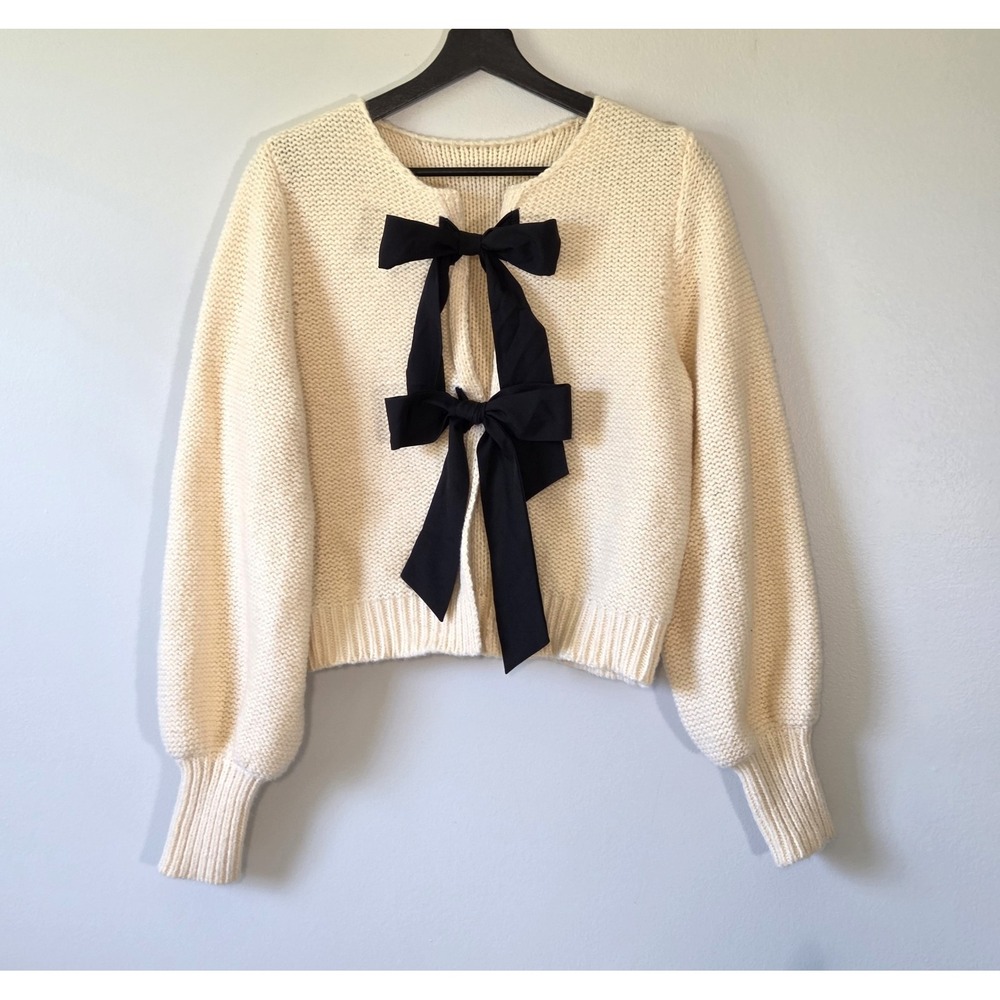 Commense Bow Tie Chunky Crop Sweater Cardigan Size S Coquette